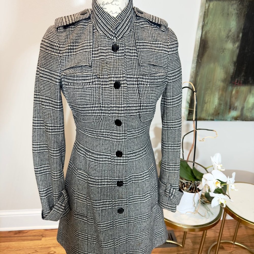 Alice + Olivia Military Style  Black & White Heritage Plaid Trench Coat (XS)